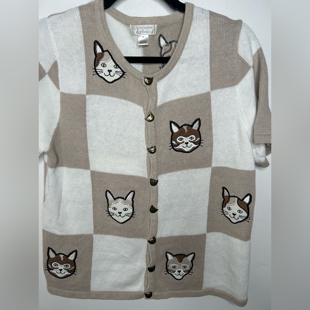 Christopher & Banks Cat Embroidered Cardigan in Cream and Tan